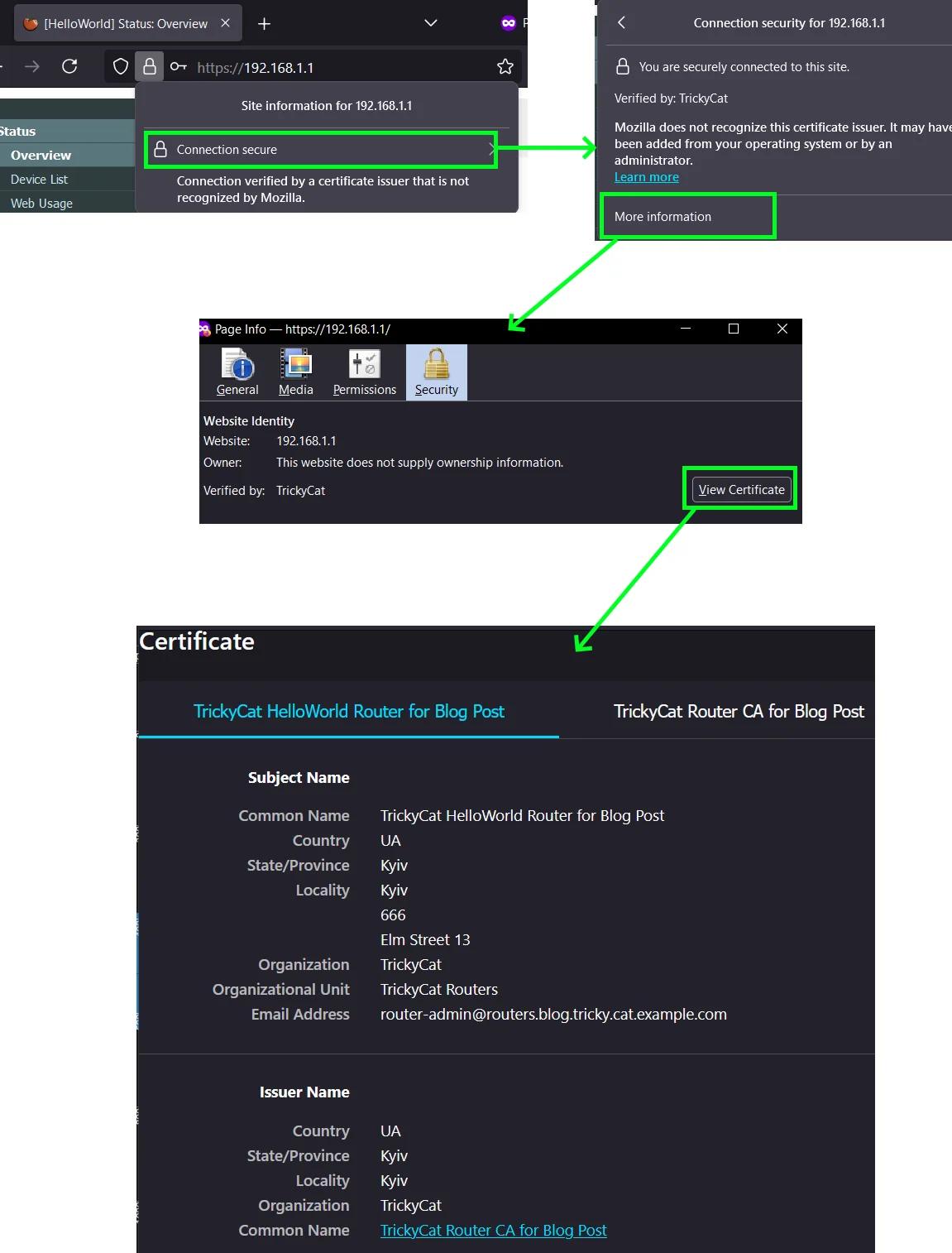 View of the browser trusting our custom certificate after installing custom CA cert