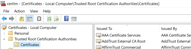 `Trusted Root Certification Authorities/Certificates` folder